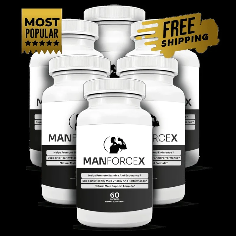 Six bottles of ManForceX supplement with free shipping badge